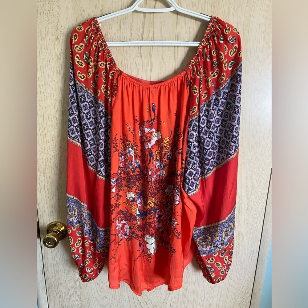 FREE PEOPLE Positano Printed Blouse in Red Orange Floral Sz Large - Picture 8 of 12